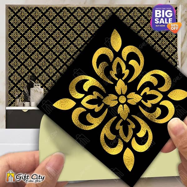 Gift City Trending Golden Foil Tile Stickers - 12x12 cm Decorative Wall Stickers for Kitchen and Bathroom
