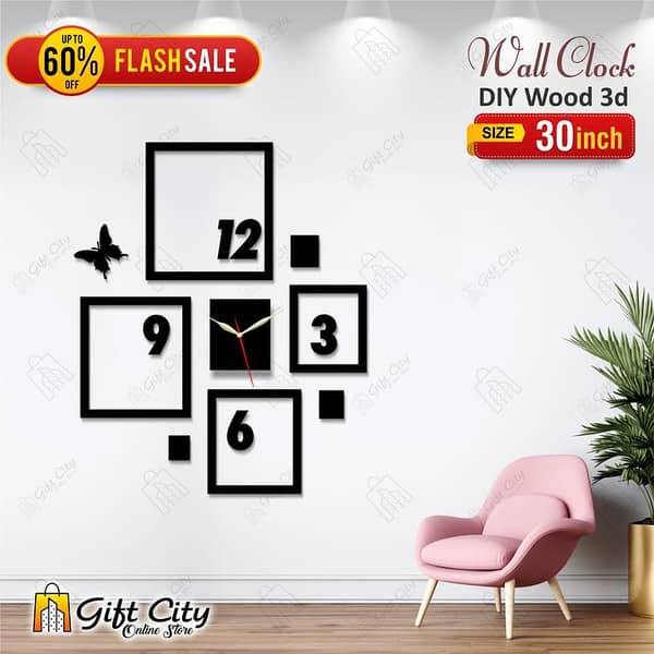 Gift City Square Box Wooden Wall Clock with Butterflies - 3D Self-Adhesive Design for Homes and Offices