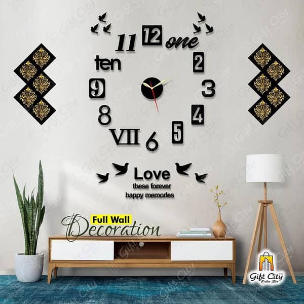 Gift City Wooden Wall Clock for Bedroom and 12 Kitchen Tile Stickers - DIY Self Adhesive for Home and Office