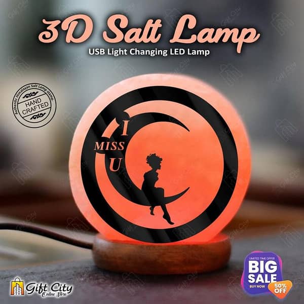 Gift City I Miss You Girl Sitting on Moon 3D Acrylic Sheet 7 Color Changing USB Himalayan Salt Lamp for Home Decor and Night Light - SLP
