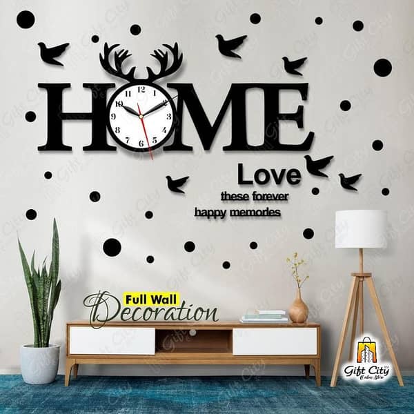 Gift City HOME Love Wooden Wall Clock with Birds and 25 Polka Stickers, Self-Adhesive 3D Design