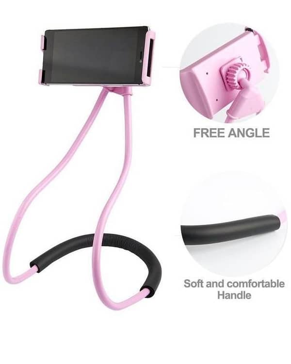 Pink Lazy Bendable Hang Neck Phone Holder with 360-Degree Rotation