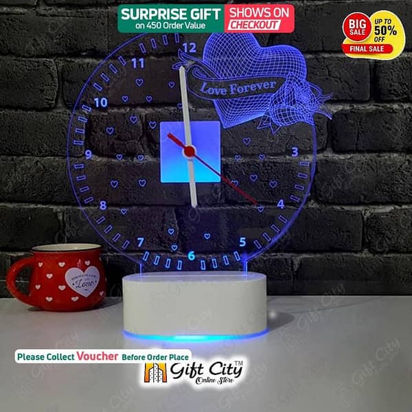 Gift City 3D Acrylic Customizable LED Table Clock Lamp with 3 Colors for Romantic Nights