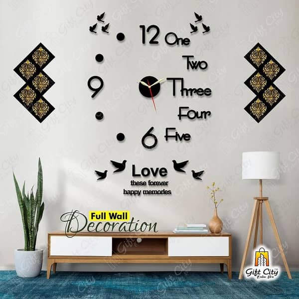 Gift City Wooden Wall Clock with 3D Digits & 6 Free Birds, Plus 12 Foil Kitchen Tile Stickers for Home and Office Decoration