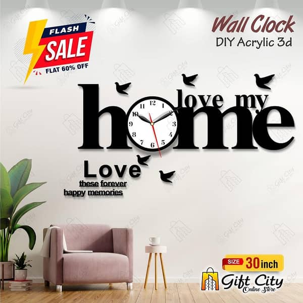 Gift City Love My Home Acrylic Wall Clock with Bird Design for Homes and Offices - 3D Self-Adhesive