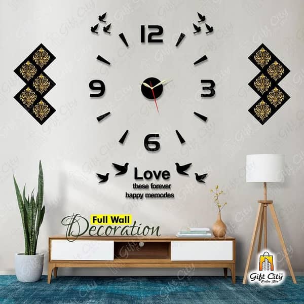 Gift City Creative 3D Letters Dash Wooden Wall Clock & 12 Foil Kitchen Tile Stickers for Home and Office DIY