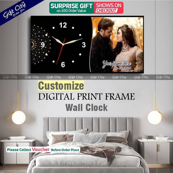 Gift City Customizable Digital Printed Wooden Frame Wall Clock - Add Your Picture and Text for a Meaningful Birthday Gift