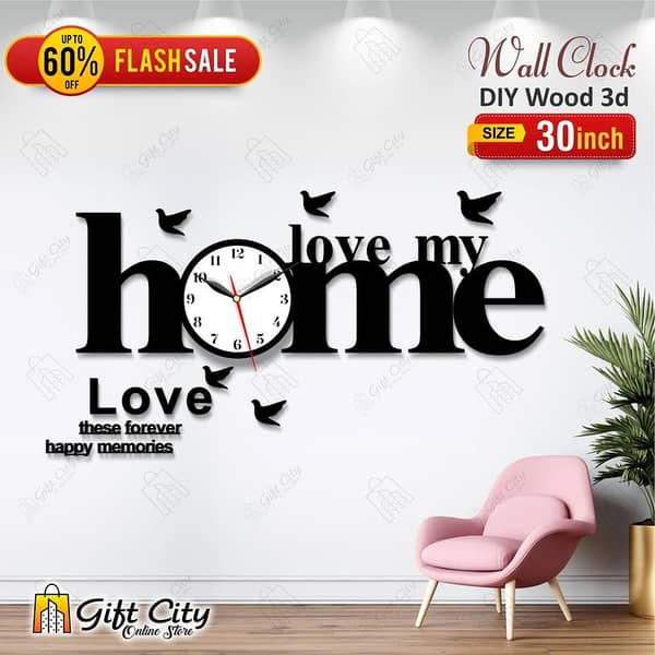 Gift City Love My Home Wooden Wall Clock with Birds, 3D Design, Self-Adhesive for Home and Office