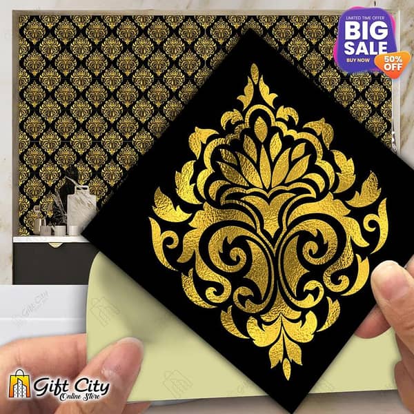 Gift City Golden Foil Kitchen Tile Stickers - Self-Adhesive 12x12 cm Tiles for Wall Décor in Kitchen and Bathroom