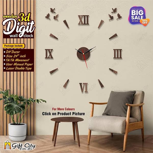 Creative 3D Roman Letters DIY Wooden Wall Clock by Gift City - Self-Adhesive for Home and Office