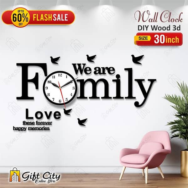 Gift City We are Family with Birds Wooden Wall Clock for Home and Office - 3D Self-Adhesive Design