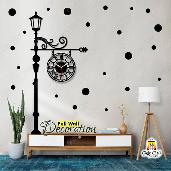 Gift City Big European Style Wooden Wall Clock and 25 Polka Stickers for Home and Office - 3D Self Adhesive Design