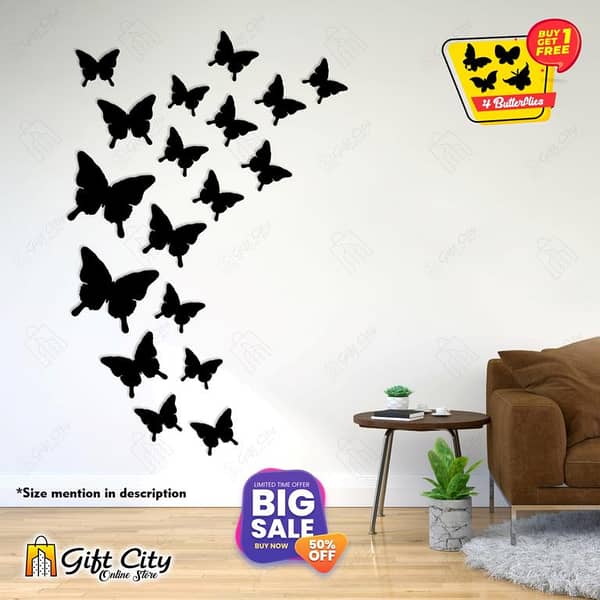 Gift City Presents Black Wooden Flying Butterflies 18 Pieces Wall Art for Home & Office Wall Stickers
