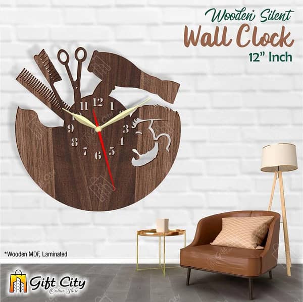 Gift City Presents Mens Beauty Salon 3D Silent Wooden Wall Clock - Home & Office Decor - Laser Cut
