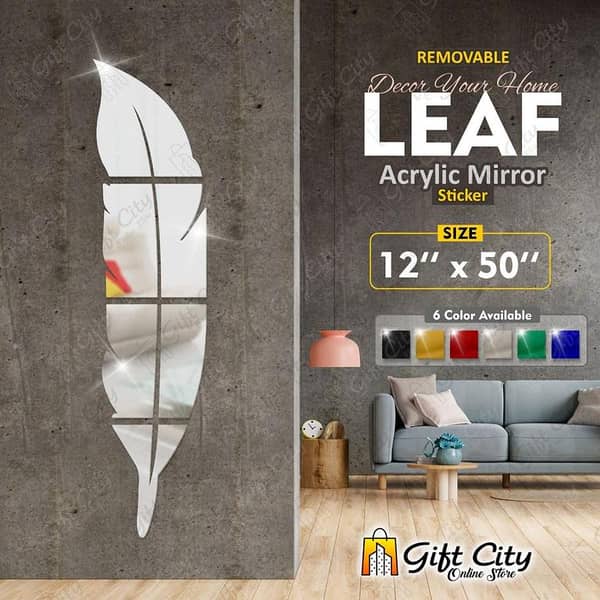 Gift City Silver 3D Leaf Mirror Wall Decor Stickers - DIY Self-Adhesive Wall Art for Living Room