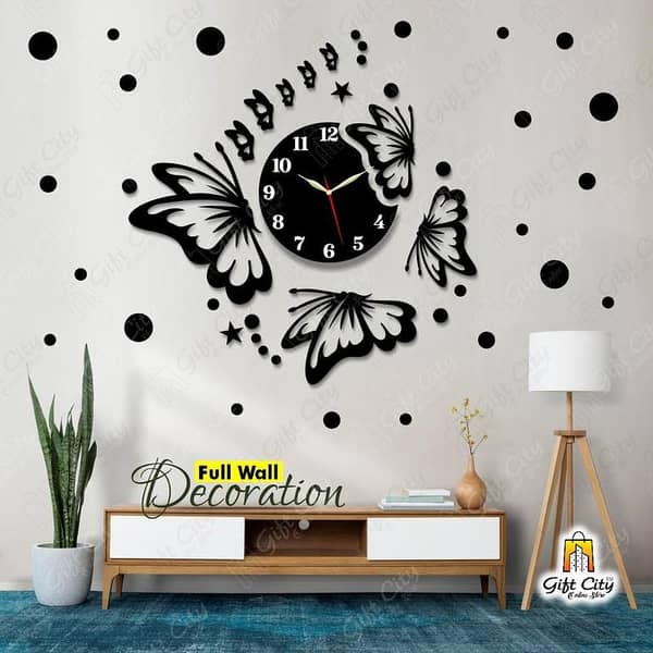 Gift City Wooden Wall Clock with Butterflies and 25 Polka Stickers - 3D Self-Adhesive Design
