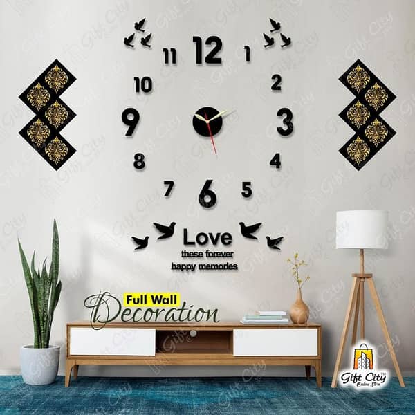 Gift City 3D Digits Wooden Wall Clock with 6 Free Birds – Perfect for Bedrooms and Offices, Includes 12 DIY Self-Adhesive Foil Kitchen Tile Stickers
