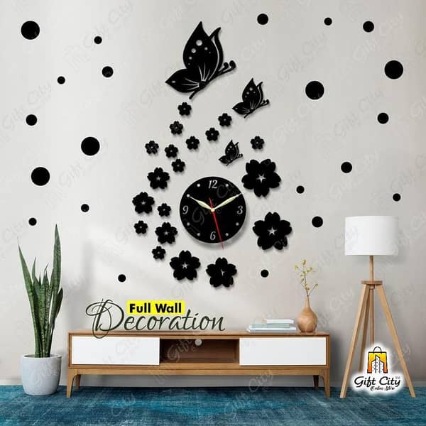 Gift City Wooden Wall Clock featuring Flower and Butterflies with 25 Polka Stickers for Home and Office - 3D Self-Adhesive Design