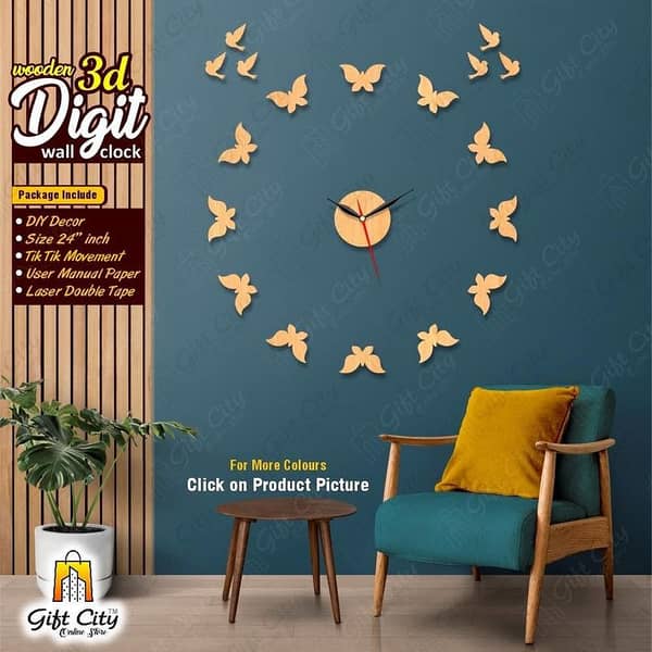 Creative 3D Butterflies Wooden Wall Clock by Gift City - DIY, Self-Adhesive for Home and Office