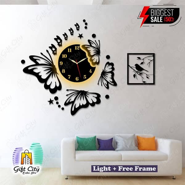 Black Flying Butterflies with Stars Wooden Wall Clock by Gift City with Free Frame and Night Light Feature
