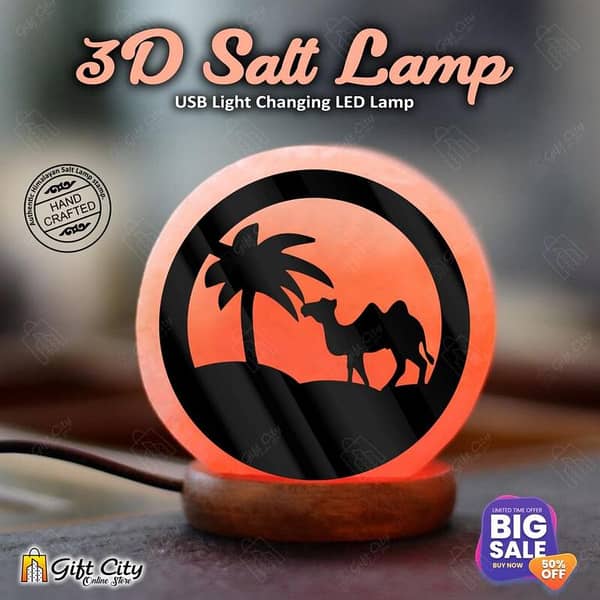 Gift City Camel with Tree 3D Acrylic Sheet Printed USB Himalayan Salt Lamp - 7 Color Changing Night Light for Home and Asthma Relief