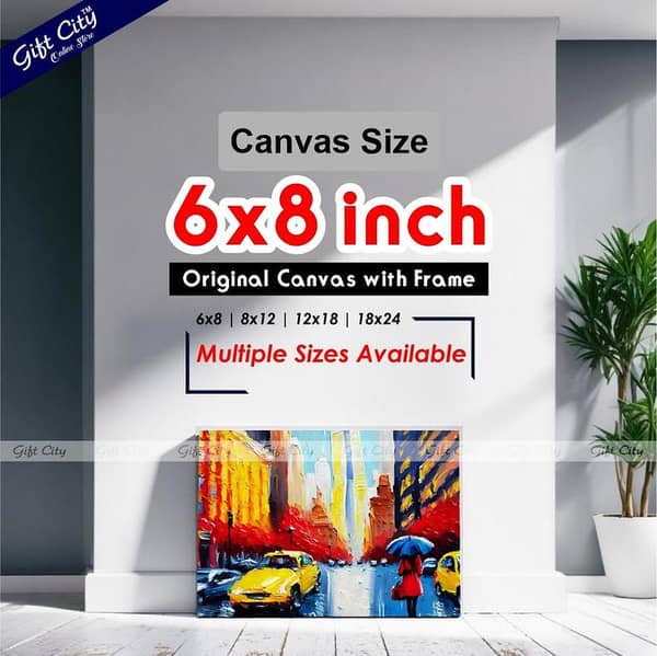 Gift City UV Printed Canvas Oil Painting of a New York Street Scene Featuring a Woman with a Red Umbrella and Yellow Taxis, Ideal for Home, Office, and Gallery Decor