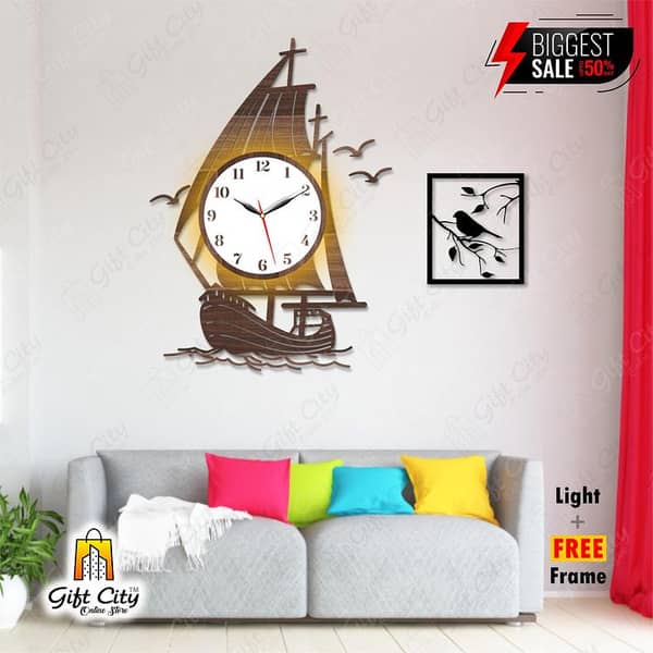 Gift City Yatch Kashti Wooden Wall Clock with Night View Light