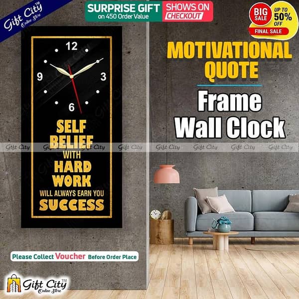 Self Belief and Hard Work Motivational Quote Wall Clock and Frame by Gift City for Office and Home