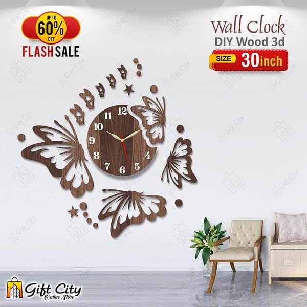 Gift City Flying Butterflies Wooden Wall Clock with Stars - 3D Design for Home and Office, Self-Adhesive