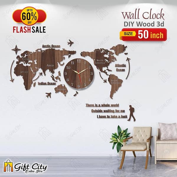 Brown World Map Wooden Wall Clock by Gift City for Homes and Offices - 3D Design with Self Adhesive