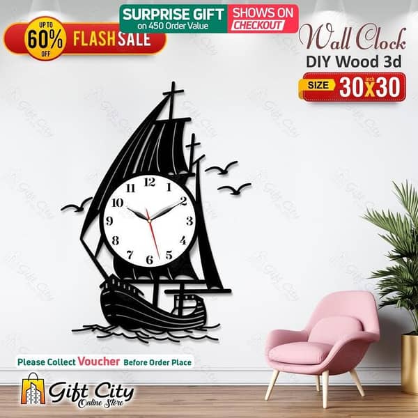 Gift City Yatch Kashti Acrylic Wall Clock for Home and Office - 3D Self-Adhesive Design