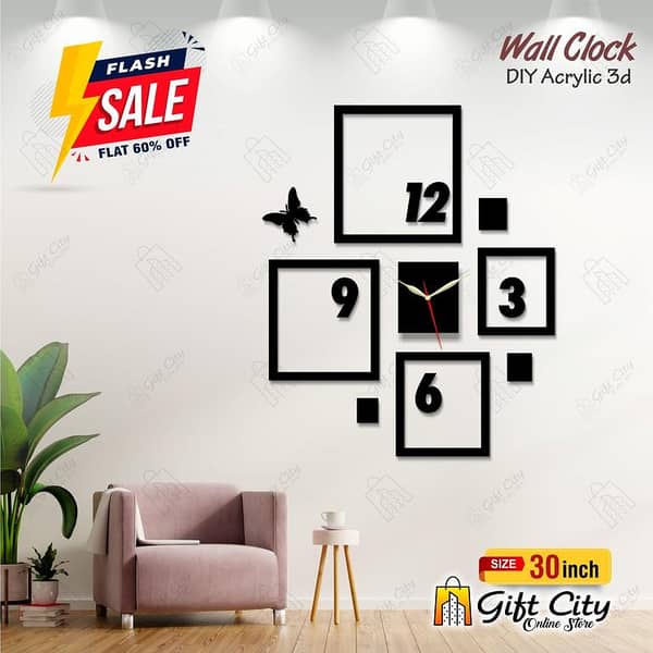 Gift City Square Box 3D Acrylic Wall Clock with Butterflies for Home and Office Decor