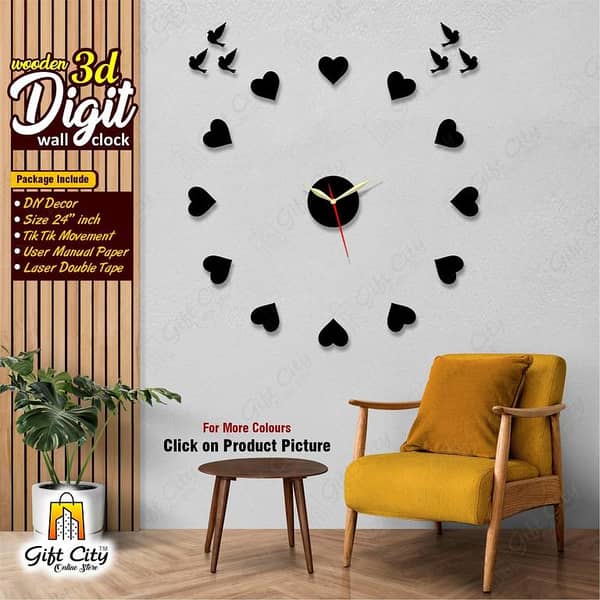 Gift City Creative 3D Heart DIY Wooden Wall Clock for Home and Office - Self-Adhesive
