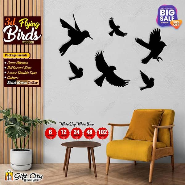Gift City Black Wooden Flying Birds Decoration Set for Kids' Rooms - Available in 6, 12, 24, 48, or 102 Pieces - LCM