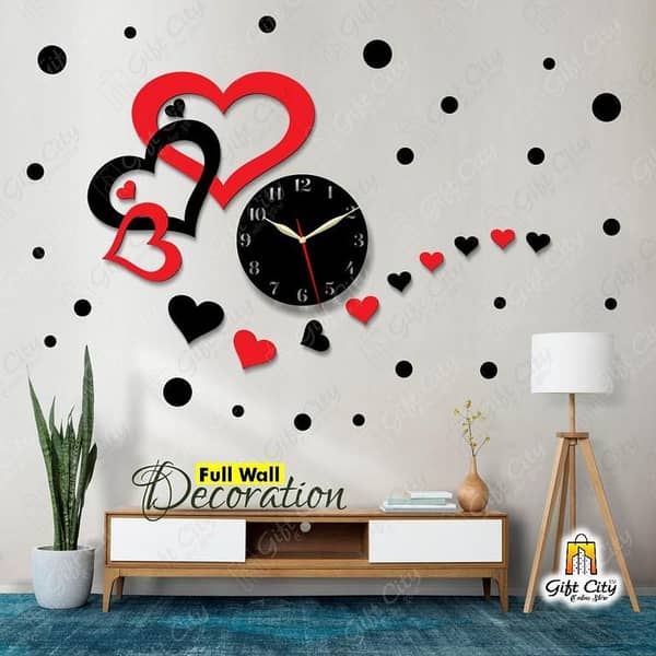 Bulk of Hearts Wooden Wall Clock by Gift City with 25 Polka Stickers - 3D Self-Adhesive Design for Home and Office