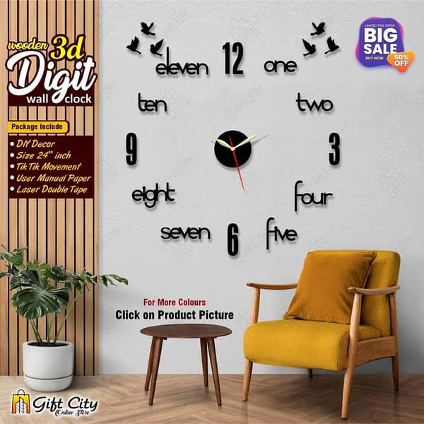 Gift City Creative DIY Wooden Wall Clock with 3D Letters and Self-Adhesive Design for Home and Office Use