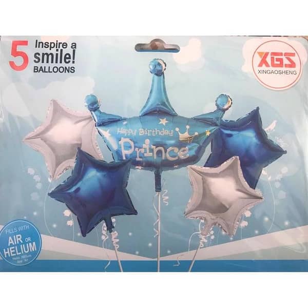 Happy Birthday Prince Crown with 04 Star Shaped Foil Balloon For Birthday Parties (Pack of 5),-(K. S. )