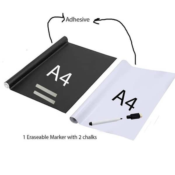 Pack of 2 A4 Dry Erase Whiteboard and Blackboard  Sticker Vinyl Sticker, Self-adhesive & reusable Board Peel Stick for School,Office,Home,Kids Drawing with 1 erasable markers and 2 chalks