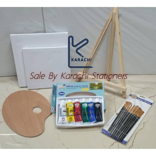 22 Pcs Value Pack Artist Kit - 2 x Canvas (8x8, 10x10) 1 x Wood Stand 1 x Wooden Palette 6 x Omega Acrylic Tube 30ml Each 12 x Black Multi Shapes Brushes