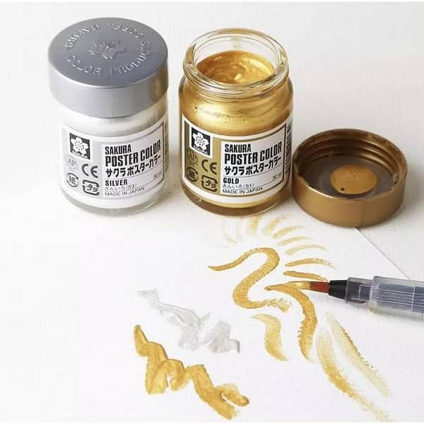 SAKURA Poster Color Watercolor Metallic Paint Silver & Gold 30ml Japan Pack of 2