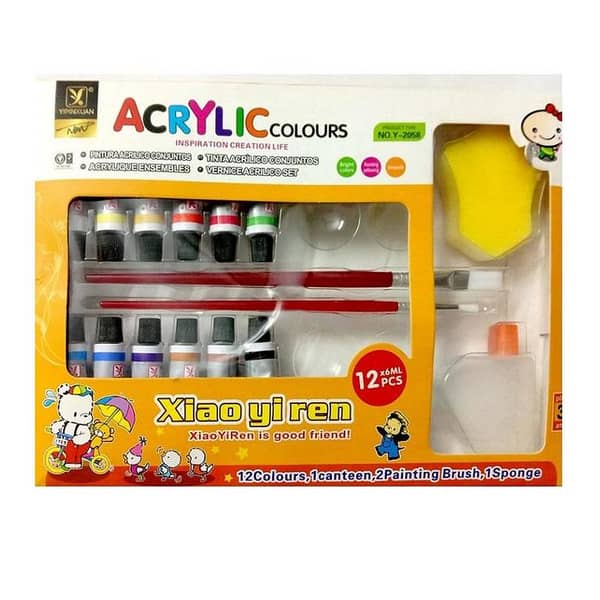 12pcs Y2058 Acrylic Colour Painting Color with 2 brushes, palette, sponge and water bottle