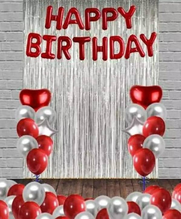 Happy Birthday Black & Red Theme Set ( Including Red Birthday Foil Balloon-30 Balloons Red & Silver -Black Curtains 6 Feet Length & 3.5 Feet Width -2 pc silver stars & 2 pc Red Hearts ) Birthday & Party Items -Red Birthday Themes Birthday Decorations
