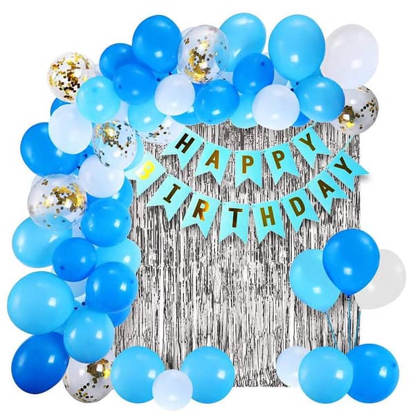 Beautiful theme of Happy Birthday Cards Banner with combo of '30' PCs balloons 5 pcs confetti '1'Golden Fringe Curtain(6x3.5feet) for Birthday Decorations