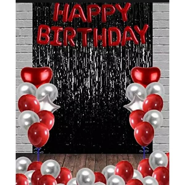 Happy Birthday Black & Red Theme Set ( Including Red Birthday Foil Balloon-30 Balloons Red & Silver -Black Curtains 6 Feet Length & 3.5 Feet Width -2 pc silver stars & 2 pc Red Hearts ) Birthday & Party Items -Red Birthday Themes Birthday Decorations
