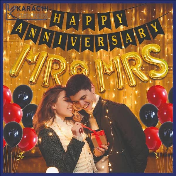 Happy Anniversary Decoration Set (Including Anniversary banner + \30 x Metallic Balloons (red,black,golden) Balloons-Anniversary Decorations & Themes -Couple hemes-Home decor-Anniversary Items