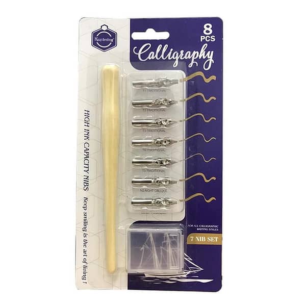 Keep Smiling 8 Pcs Set 7 Calligraphy Dip Pen Set Nibs, 1 Lacquered Wooden Handle and 1 Plastic Case for Nibs Suitable for All Calligraphic Writing Styles