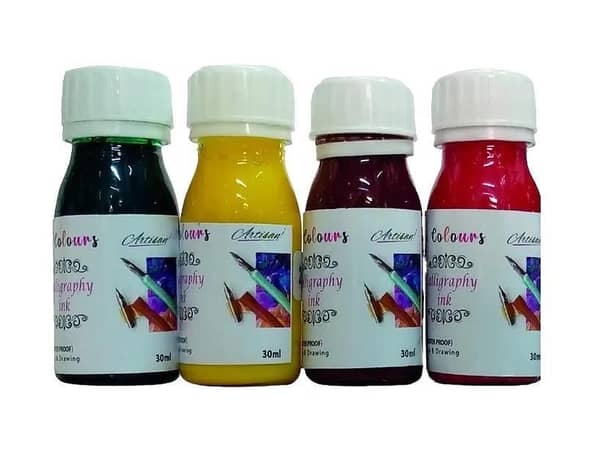 Drawing/Calligraphy Inks Black, Blue, Carmine Red , Varidian Green For Artists Pack Of 4 Drawing And Calligraphy Inks