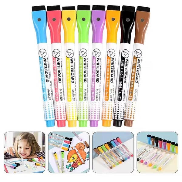 Deli 8 Piecs Whiteboard Pens Magentic, White Board Markers Erasable with Eraser, Fine Tip White Board Pens, Pen Kids Dry Erase Marker KS