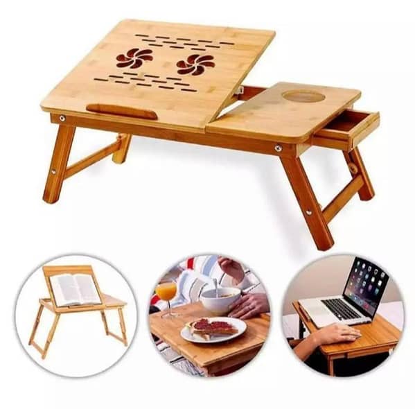 Laptop Table, Desk and Stand Wooden Multifunctional Portable Foldable with 2 USB Charging Cooling Fans & Tea/Coffee Cup Stand or bed and offfice use