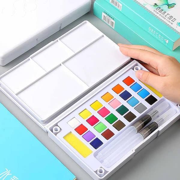 Superior 24 Colors Solid Watercolor Paints Transparent Colors With two Painting brushes with palette and sponge in Box Set